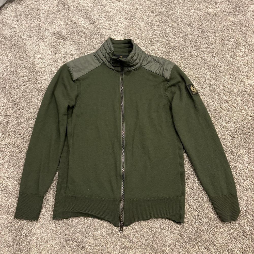 Belstaff Army Green Full Zip Up %100 Wool Sweater Size Small Made In Italy Women